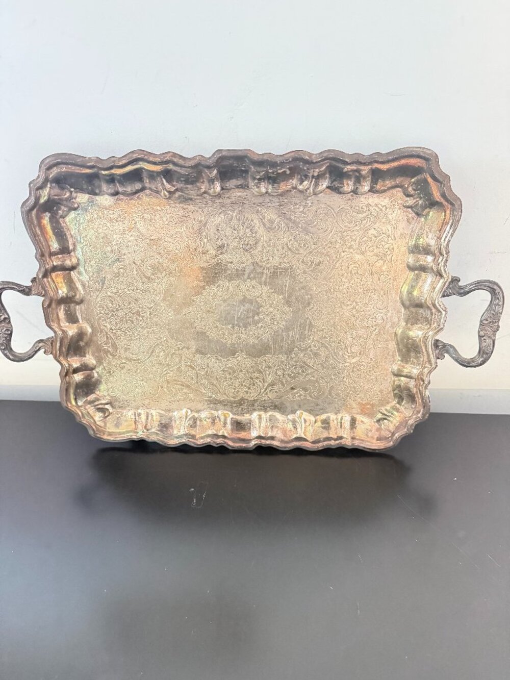 VINTAGE SILVER PLATED SERVING TRAY W HANDLES ORNATE FLORAL DESIGN LARGE PLATTER